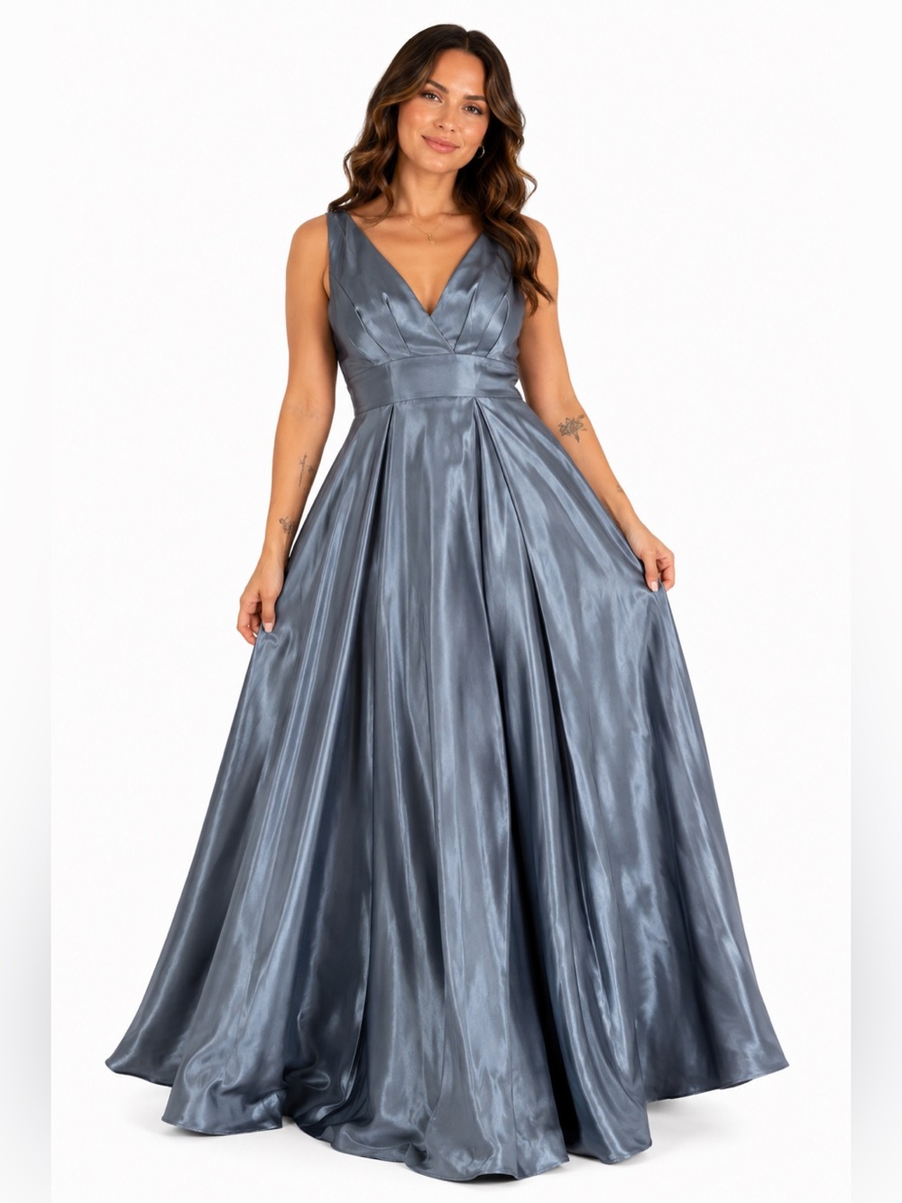 90s/Y2K Vintage Galina Signature Satin Split Leg Formal Maxi Dress (Steel Blue)8